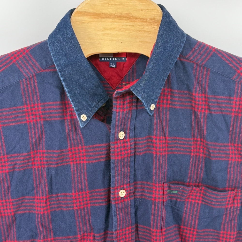 Tommy Hilfiger Men Plaid Button Down Shirt XL Blue Red Collar Cotton